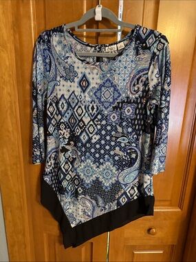 Cato Blue Paisley & Geometric Asymmetric Tunic Top